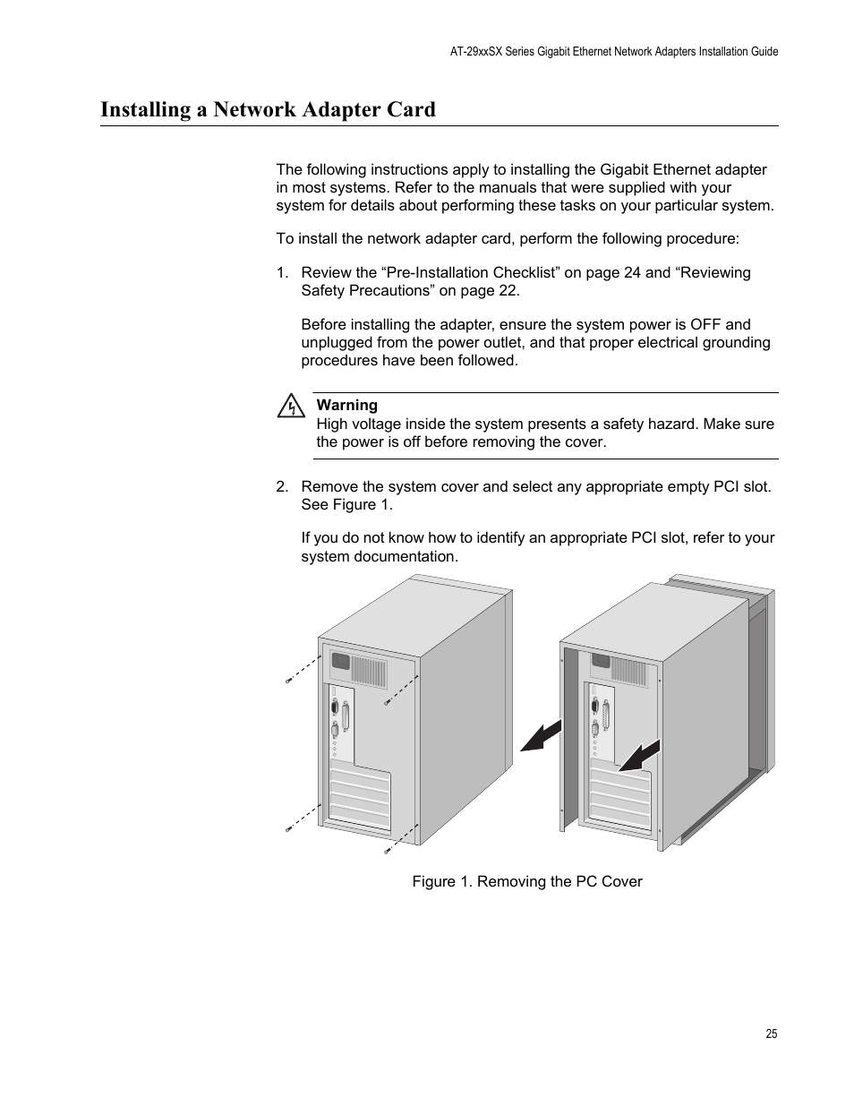 Installing a network adapter card | Allied Telesis AT-2931SX User Manual | Page 25 / 136