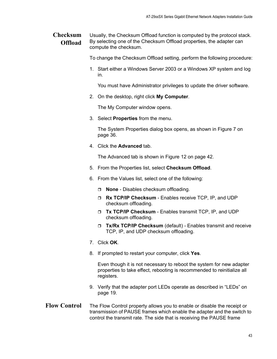 Checksum offload, Flow control, Checksum offload flow control | Allied Telesis AT-2931SX User Manual | Page 43 / 136