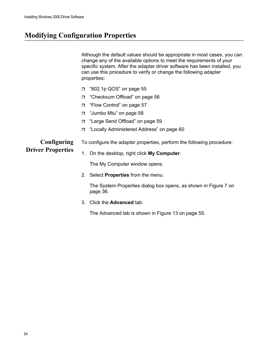 Modifying configuration properties, Configuring driver properties, On the desktop, right click my computer | Allied Telesis AT-2931SX User Manual | Page 54 / 136