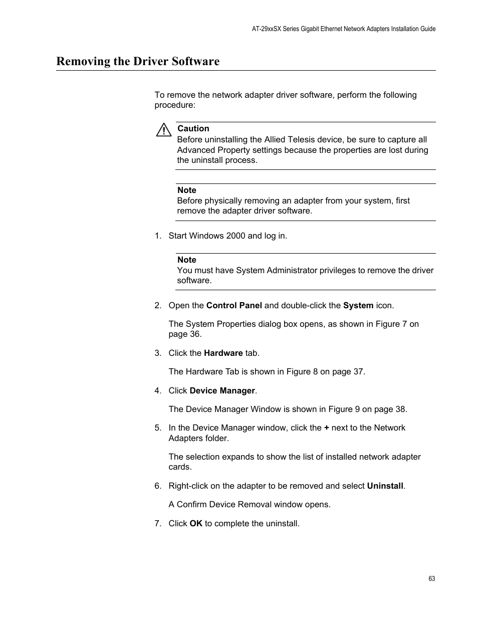 Removing the driver software, Start windows 2000 and log in | Allied Telesis AT-2931SX User Manual | Page 63 / 136