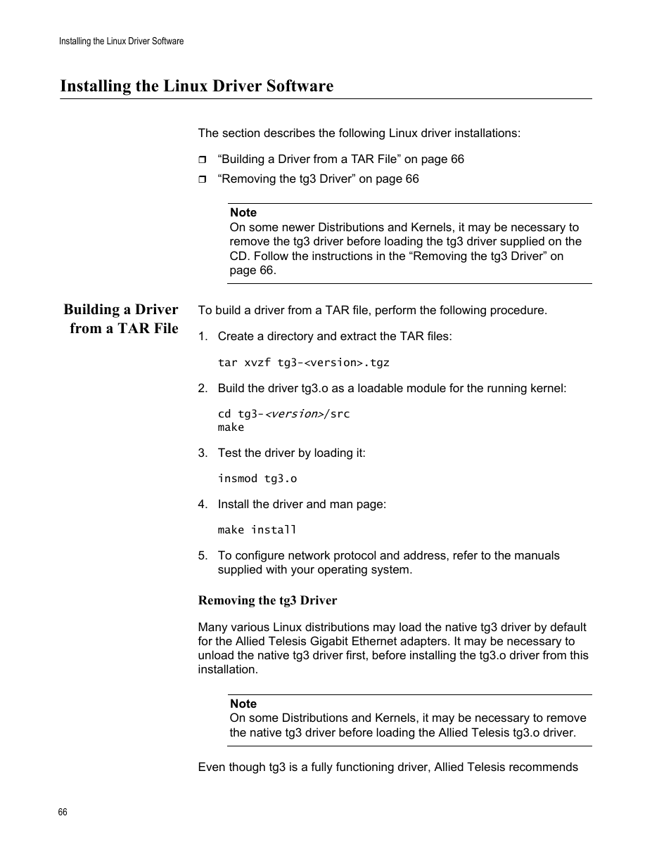 Installing the linux driver software, Building a driver from a tar file, Create a directory and extract the tar files | Removing the tg3 driver | Allied Telesis AT-2931SX User Manual | Page 66 / 136