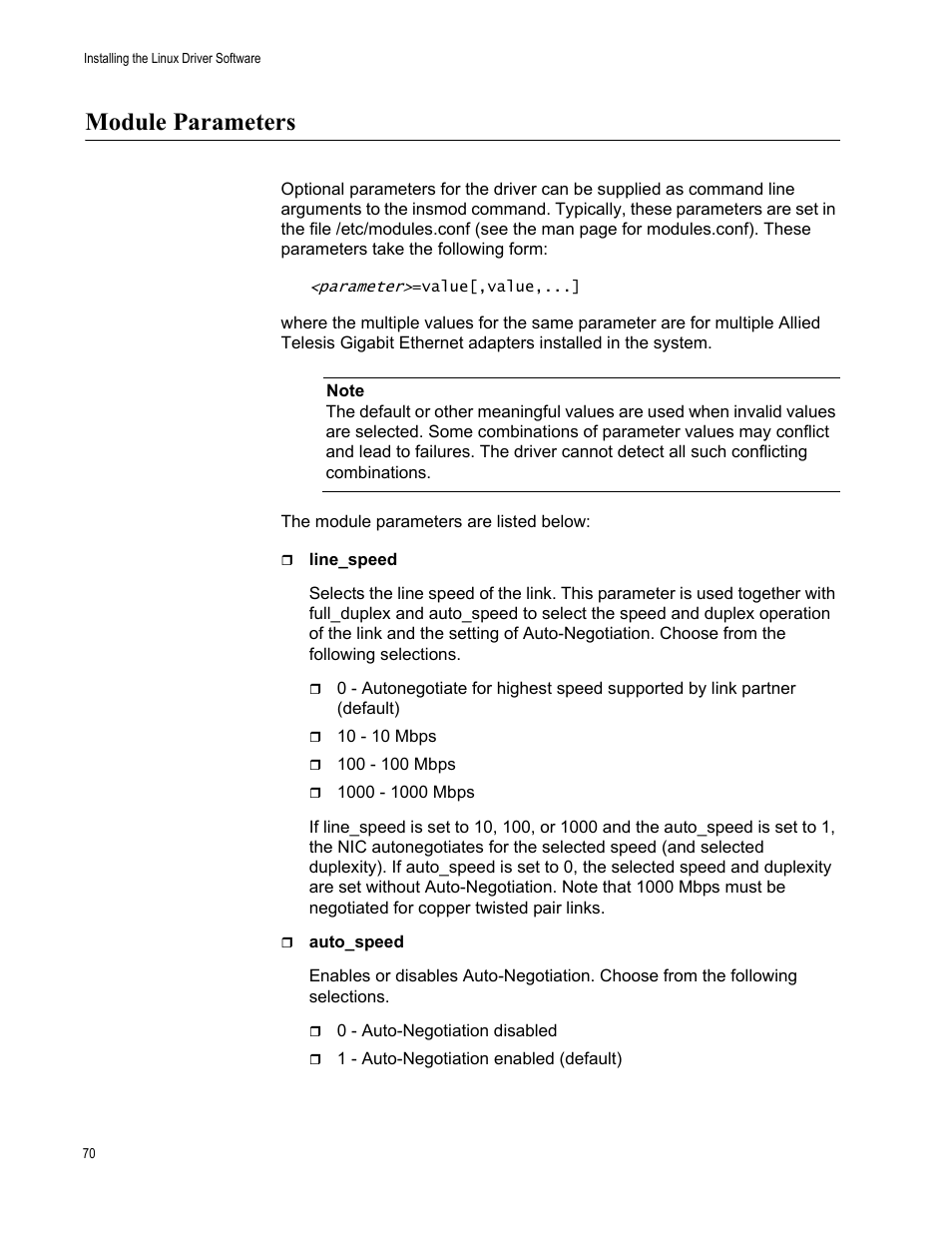 Module parameters | Allied Telesis AT-2931SX User Manual | Page 70 / 136