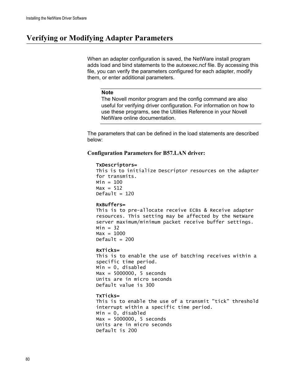 Verifying or modifying adapter parameters, Configuration parameters for b57.lan driver | Allied Telesis AT-2931SX User Manual | Page 80 / 136