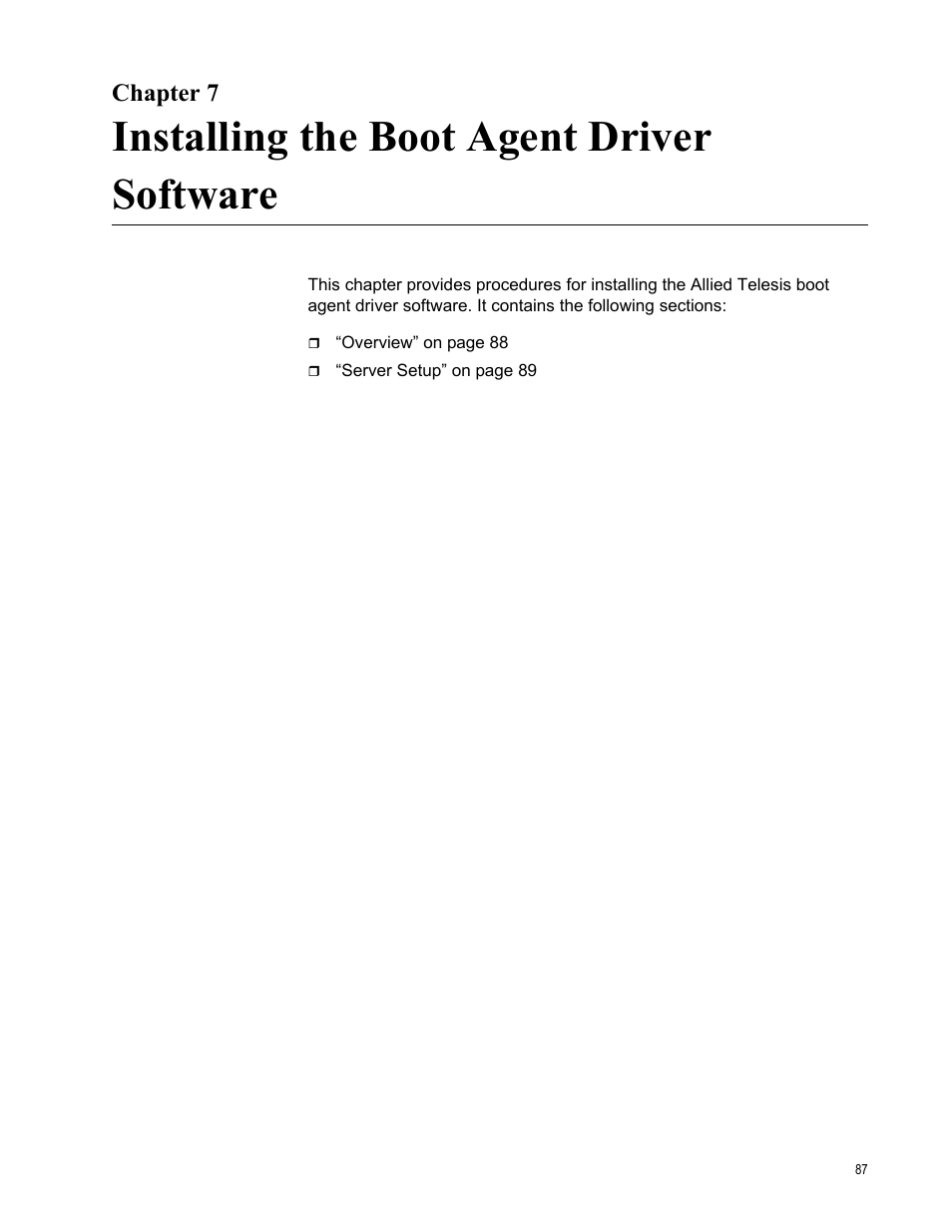 Chapter 7, Installing the boot agent driver software | Allied Telesis AT-2931SX User Manual | Page 87 / 136