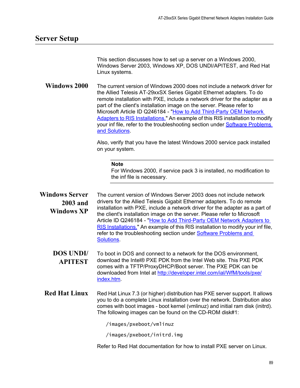 Server setup, Windows 2000, Windows server 2003 and windows xp | Dos undi/ apitest, Red hat linux | Allied Telesis AT-2931SX User Manual | Page 89 / 136