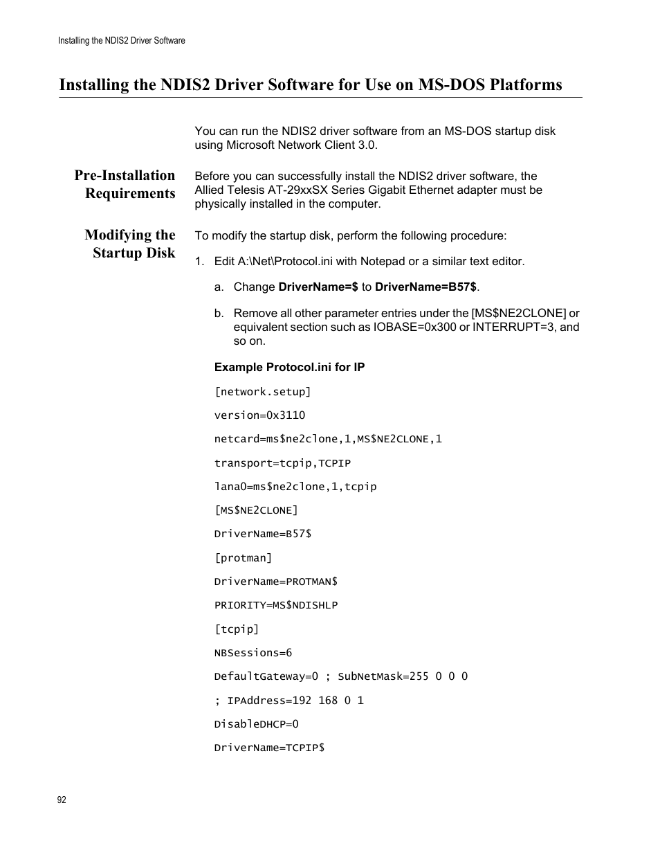 Pre-installation requirements, Modifying the startup disk | Allied Telesis AT-2931SX User Manual | Page 92 / 136