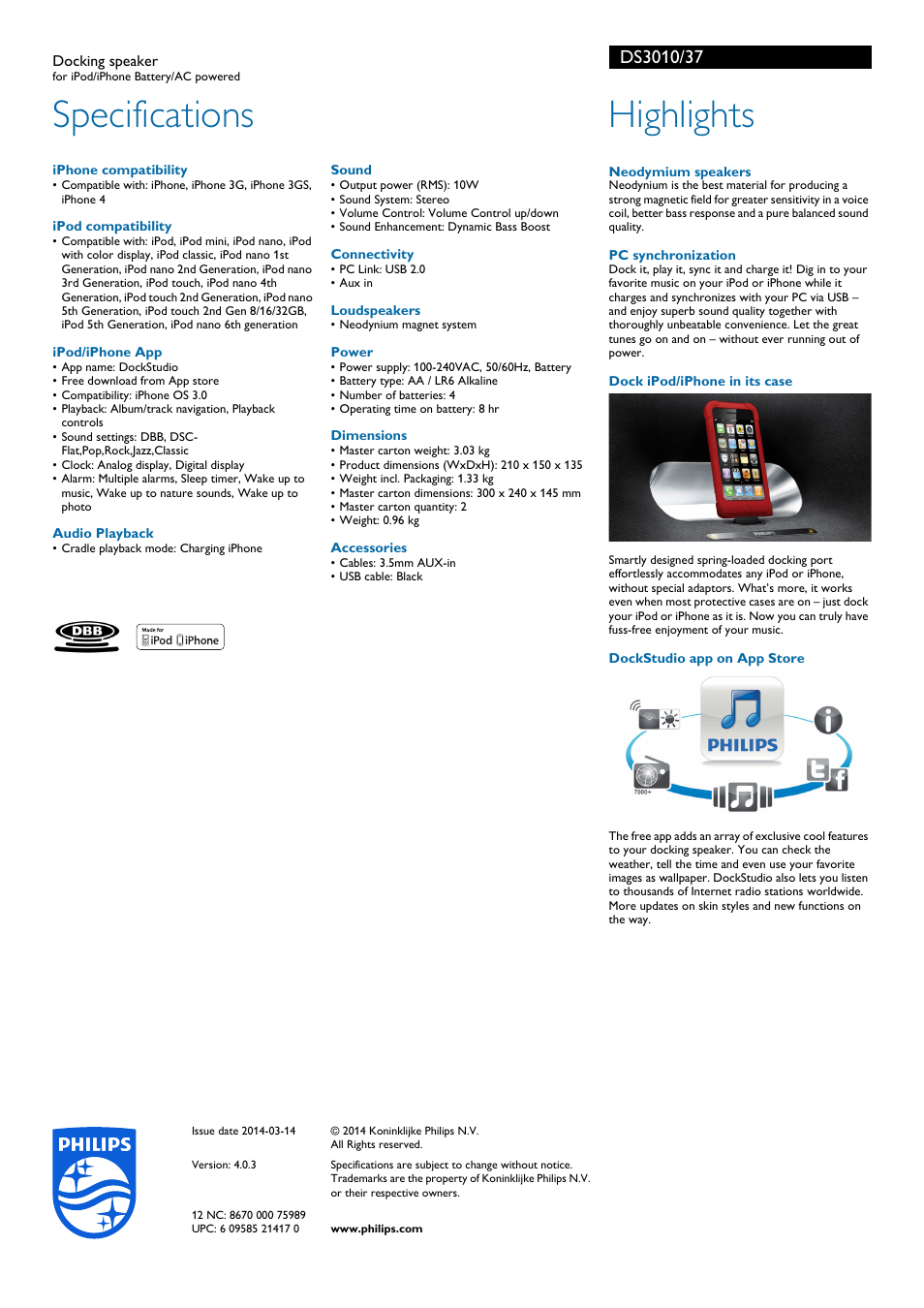 Specifications, Highlights | Philips DS3010-37 User Manual | Page 2 / 2