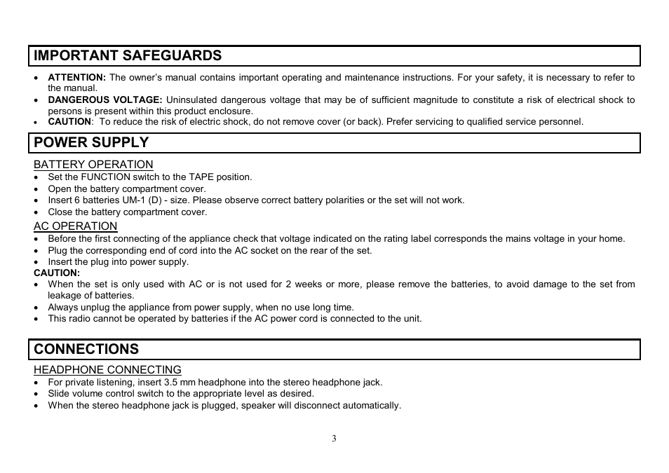 Important safeguards, Power supply, Connections | Hyundai H-1206 User Manual | Page 3 / 13