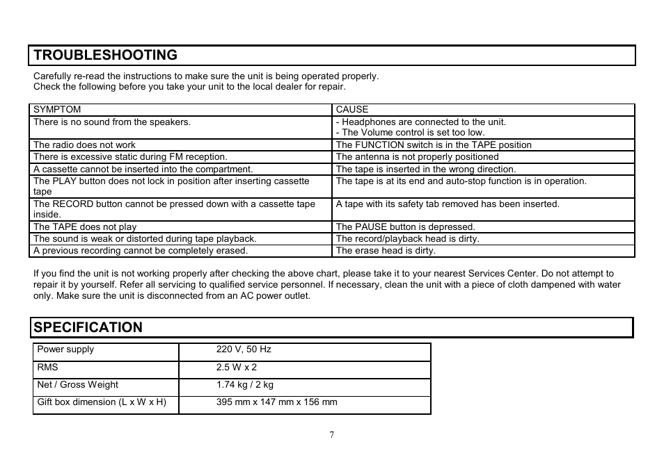 Troubleshooting, Specification | Hyundai H-1206 User Manual | Page 7 / 13