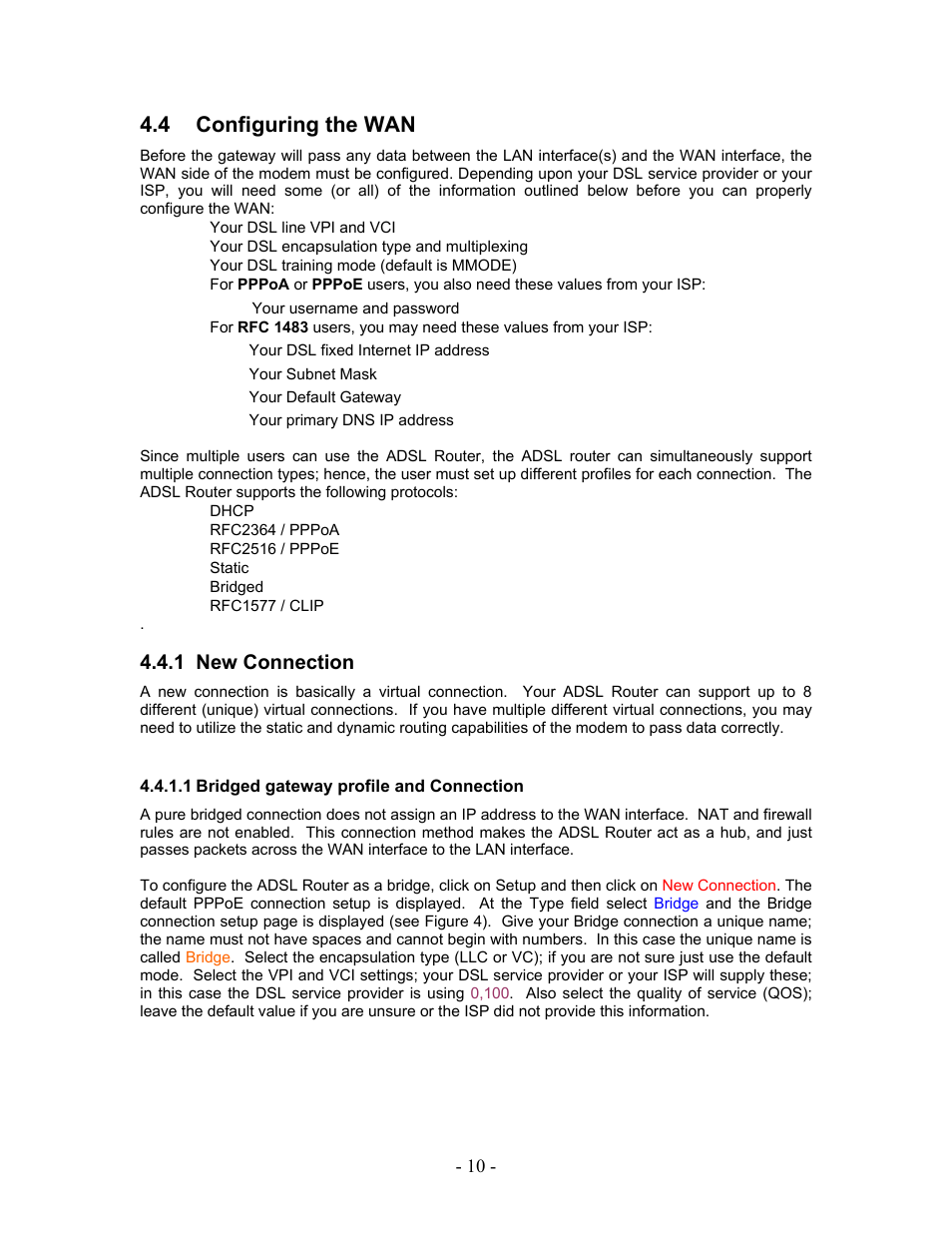 Configuring the wan, New connection, Bridged gateway profile and connection | 4 configuring the wan, 1 new, Connection, 1 new connection | Allied Telesis AT-AR236E User Manual | Page 10 / 36