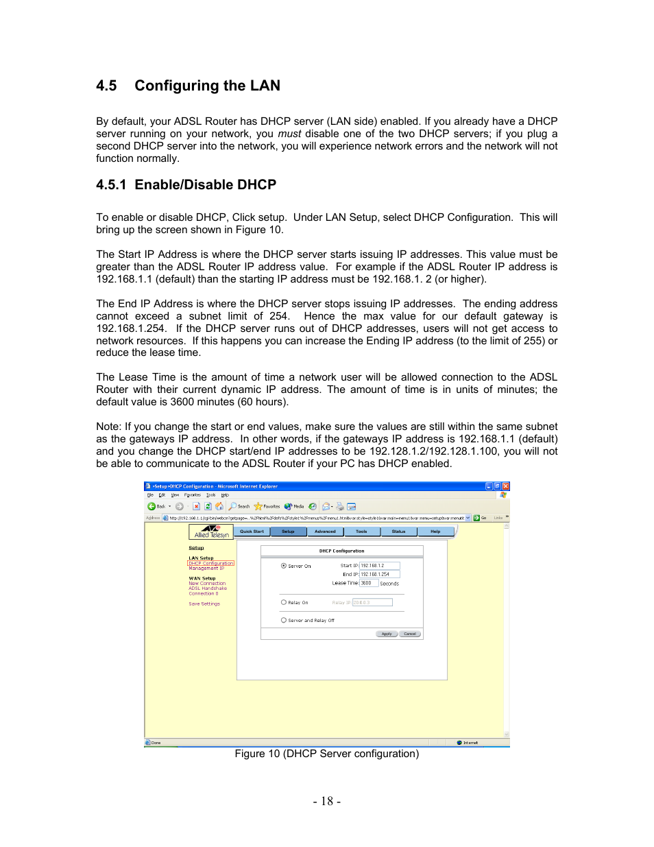 Configuring the lan, Enable/disable dhcp, 5 configuring the lan | 1 enable/disable dhcp | Allied Telesis AT-AR236E User Manual | Page 18 / 36