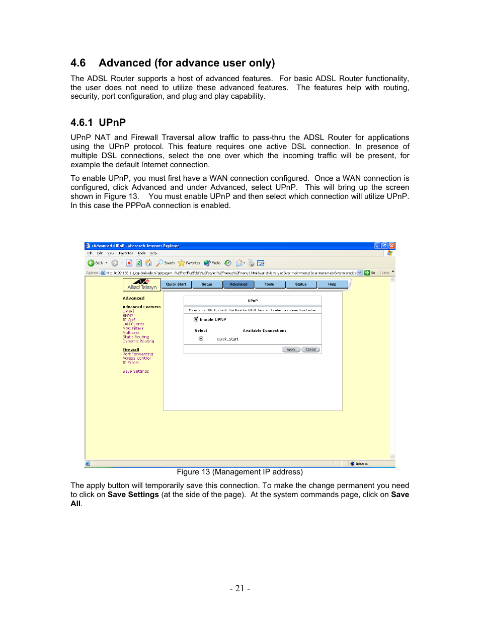 Advanced (for advance user only), Upnp, 1 upnp | 6 advanced (for advance user only) | Allied Telesis AT-AR236E User Manual | Page 21 / 36