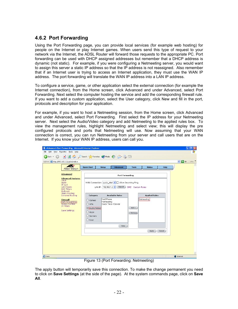 Port forwarding, 2 port, Forwarding | 2 port forwarding | Allied Telesis AT-AR236E User Manual | Page 22 / 36