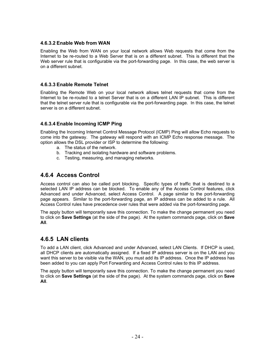 Enable web from wan, Enable remote telnet, Enable incoming icmp ping | Access control, Lan clients, 4 access, Control, 5 lan, Clients, 4 access control | Allied Telesis AT-AR236E User Manual | Page 24 / 36