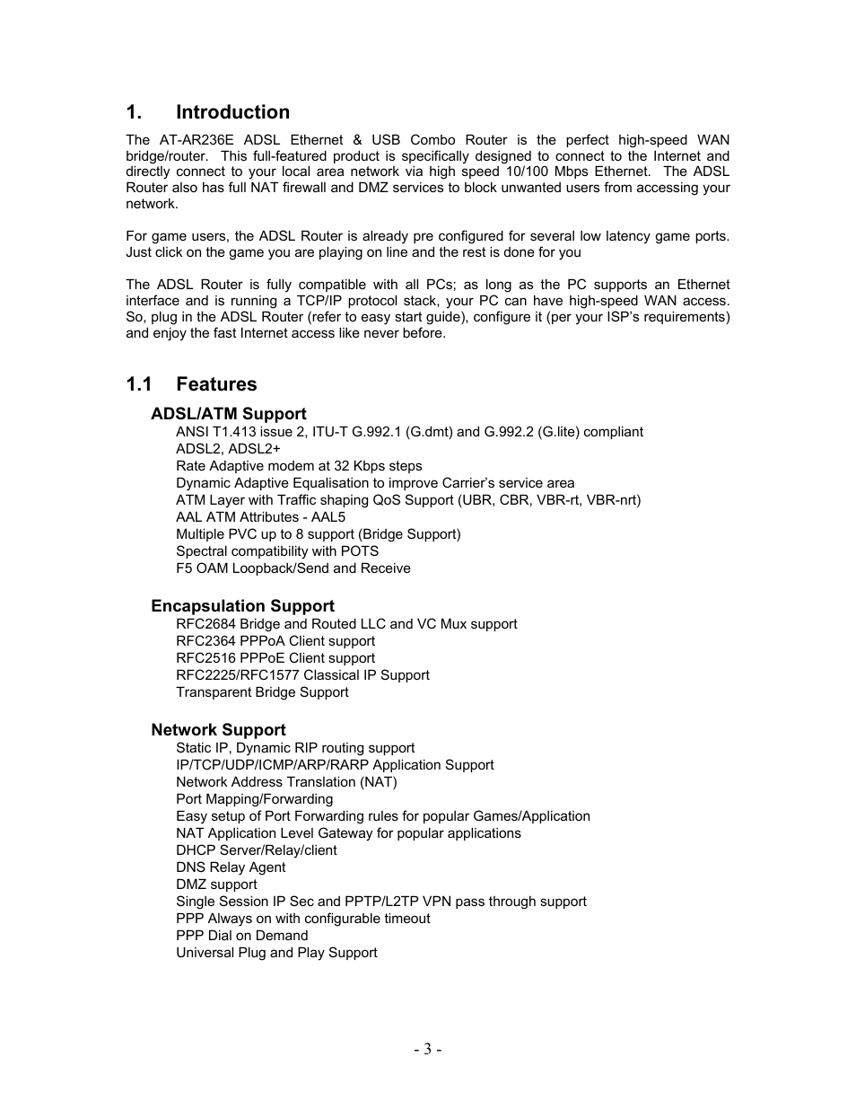 Introduction, Features, 1 features | Allied Telesis AT-AR236E User Manual | Page 3 / 36