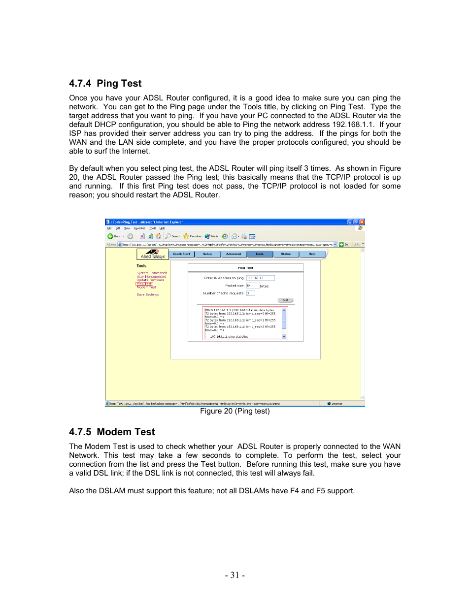 Ping test, Modem test, 4 ping | Test, 5 modem test, 4 ping test | Allied Telesis AT-AR236E User Manual | Page 31 / 36