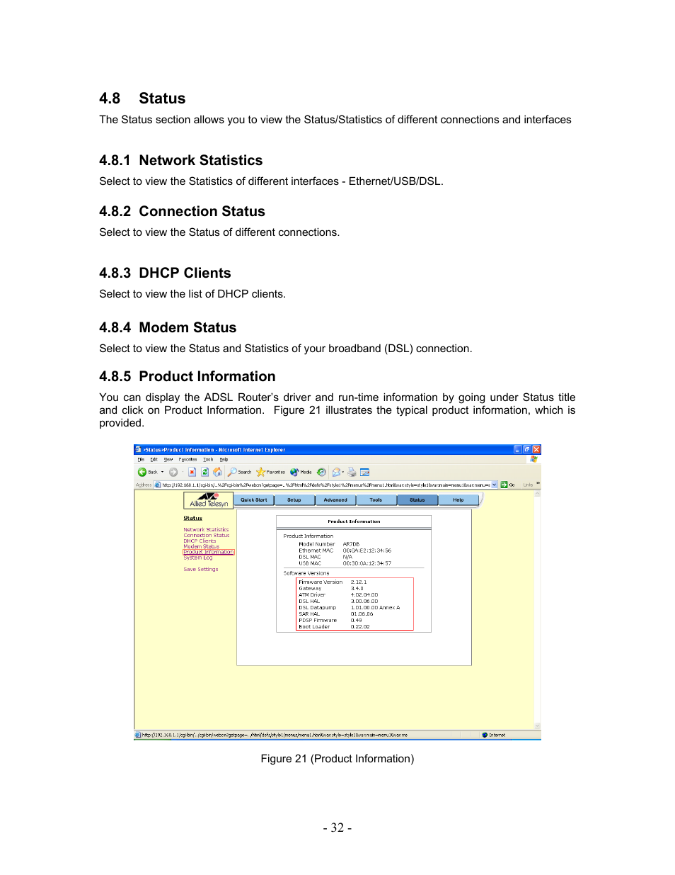 Status, Network statistics, Connection status | Dhcp clients, Modem status, Product information, 8 status, 1 network, Statistics, 2 connection status 4.8.3 dhcp | Allied Telesis AT-AR236E User Manual | Page 32 / 36