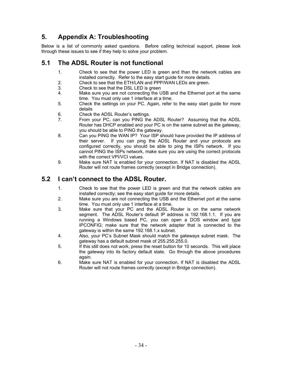 Appendix a: troubleshooting, The adsl router is not functional, I can’t connect to the adsl router | 1 the adsl router is not functional, 2 i can’t connect to the adsl router | Allied Telesis AT-AR236E User Manual | Page 34 / 36