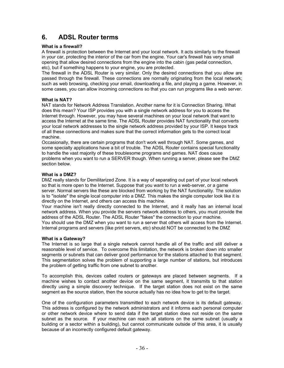 Adsl router terms, Adsl, Router terms | Allied Telesis AT-AR236E User Manual | Page 36 / 36