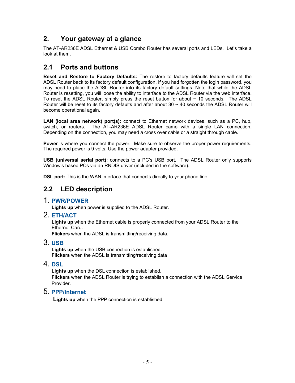 Your gateway at a glance, Ports and buttons, Led description | Your, Gateway at a glance, 1 ports, And buttons, 2 led, Description | Allied Telesis AT-AR236E User Manual | Page 5 / 36