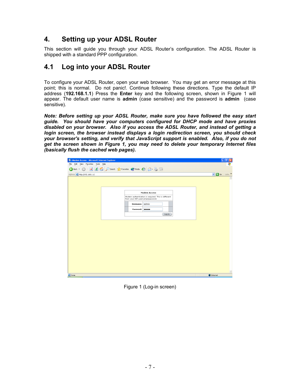 Setting up your adsl router, Log into your adsl router, 1 log into your adsl router | Allied Telesis AT-AR236E User Manual | Page 7 / 36