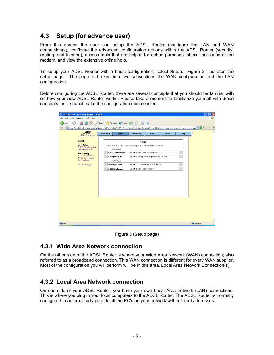 Setup (for advance user), Wide area network connection, Local area network connection | 2 local, Area, Network connection, 3 setup (for advance user) | Allied Telesis AT-AR236E User Manual | Page 9 / 36