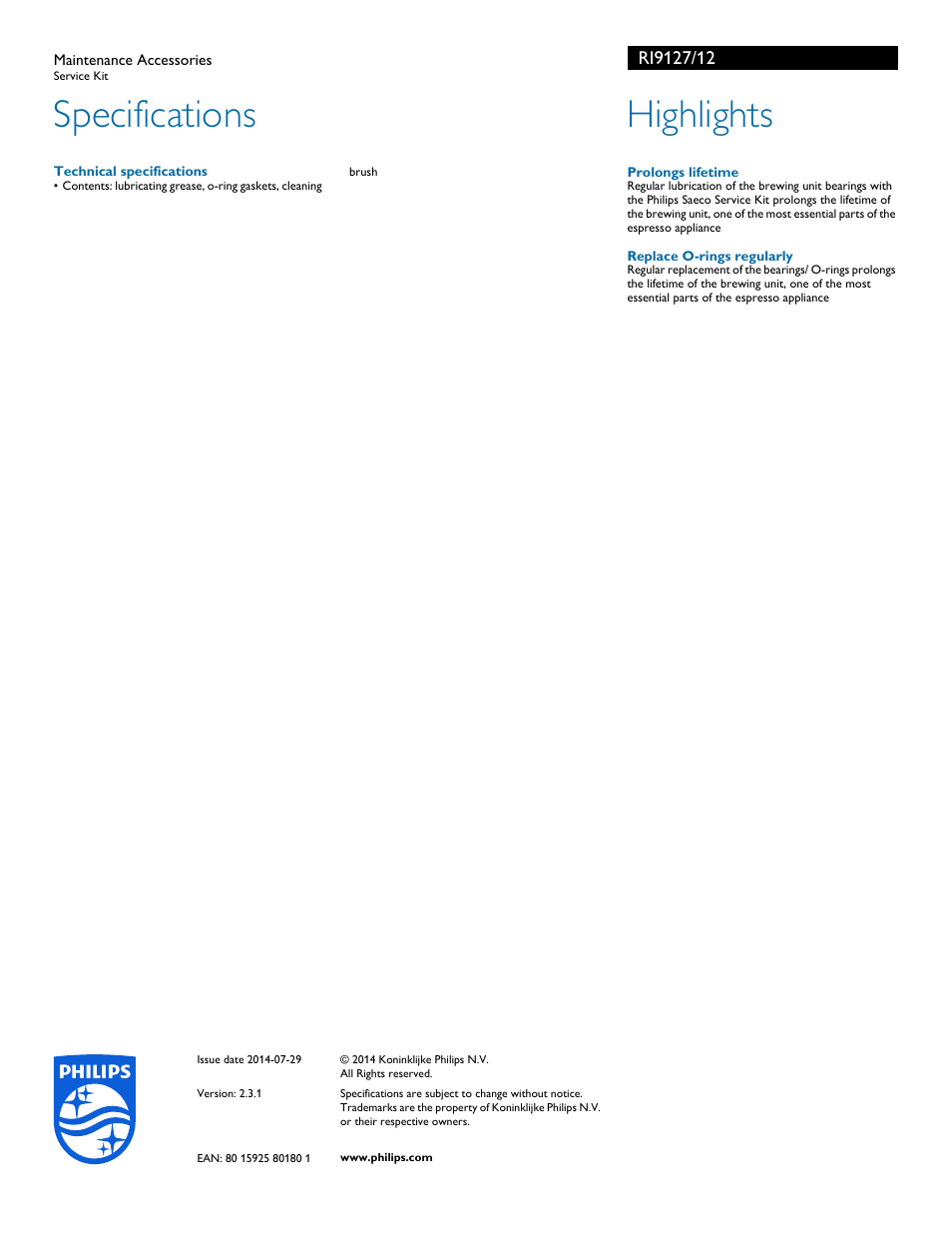 Specifications, Highlights | Philips RI9127-12 User Manual | Page 2 / 2