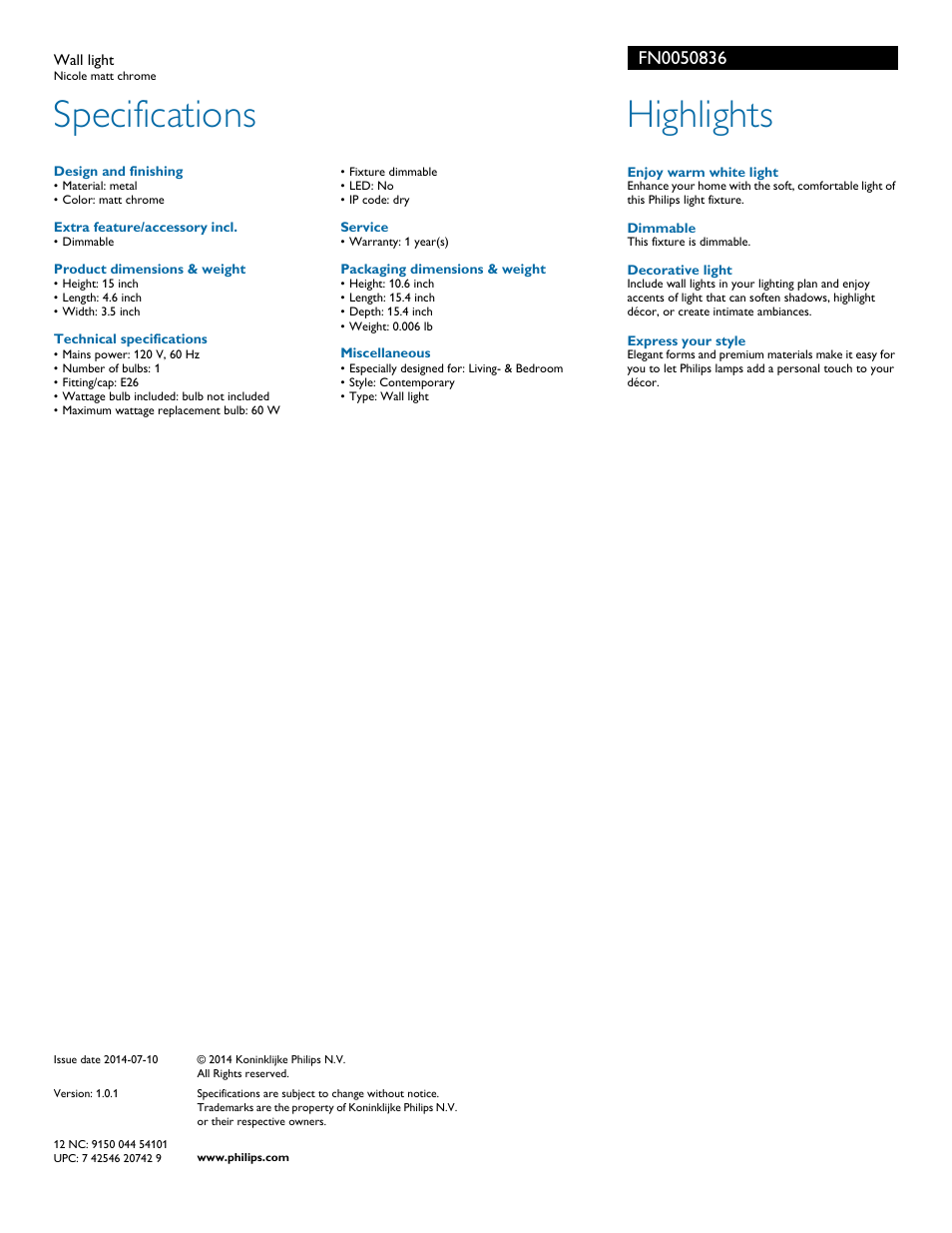Specifications, Highlights | Philips FN0050836 User Manual | Page 2 / 2