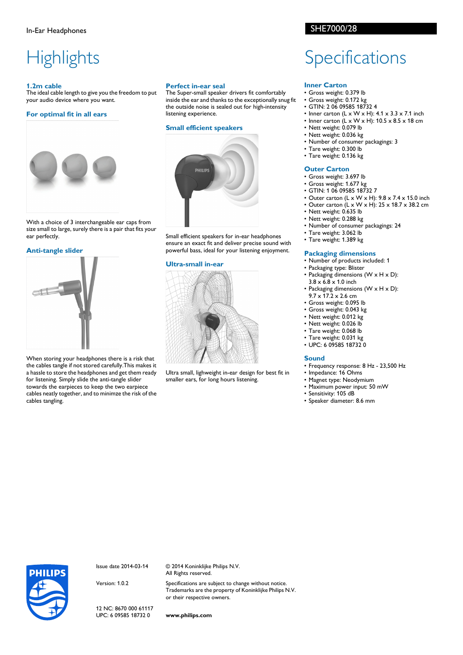 Highlights, Specifications | Philips In-Ear Headphones SHE7000 User Manual | Page 2 / 2