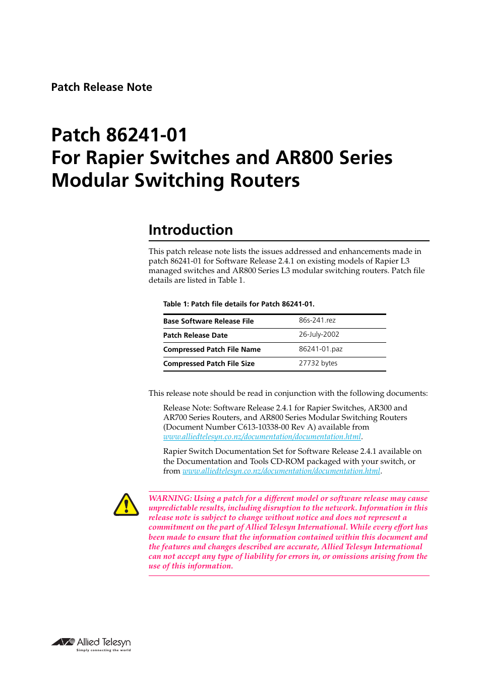 Allied Telesis 86241-01 User Manual | 4 pages