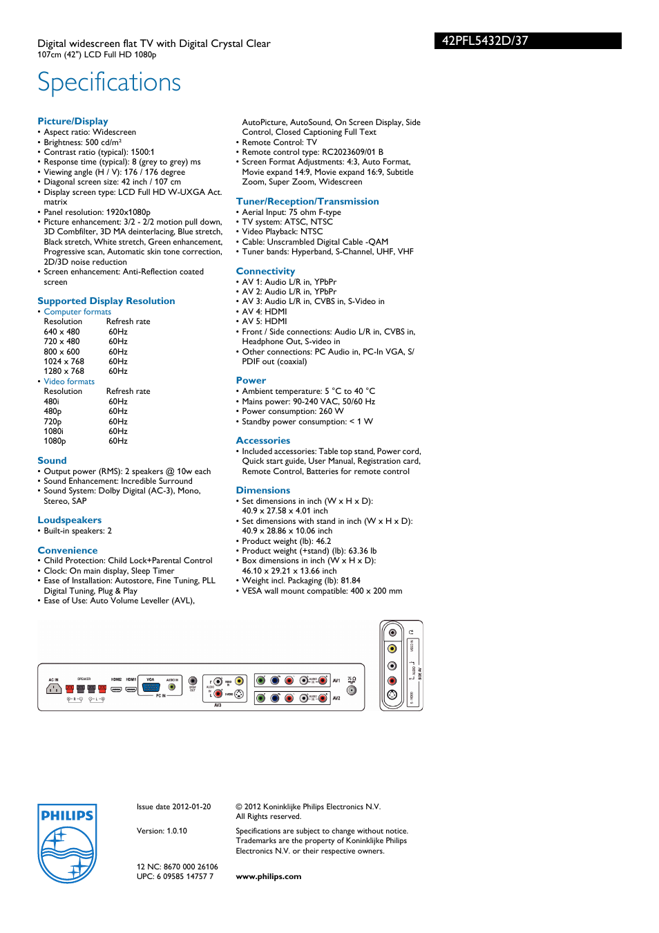 Specifications | Philips 42PFL5432D-37 User Manual | Page 3 / 3