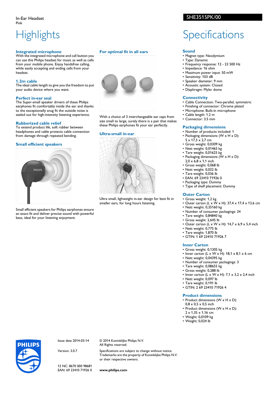 Highlights, Specifications | Philips SHE3515PK-00 User Manual | Page 2 / 2