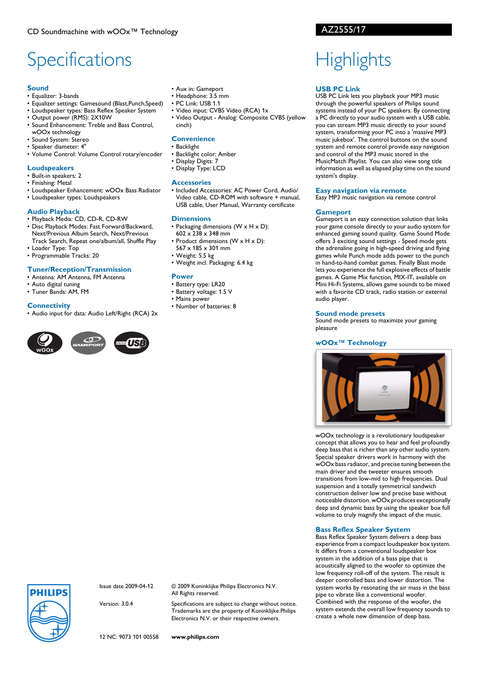 Specifications, Highlights | Philips CD Soundmachine AZ2555 with wOOx™ Technology User Manual | Page 2 / 2