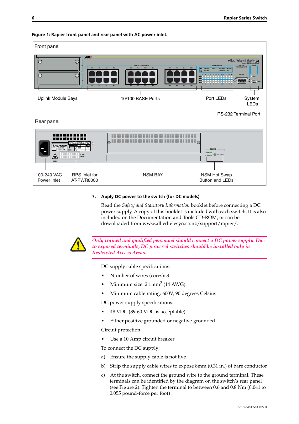 Front panel, Rear panel, 6rapier series switch | Allied Telesis Rapier Series Switch User Manual | Page 6 / 11