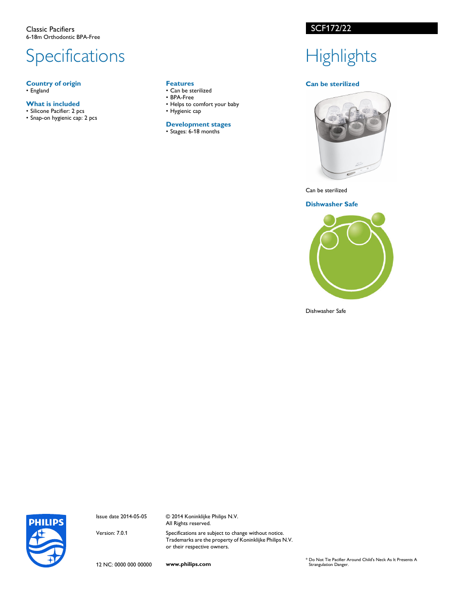 Specifications, Highlights | Philips SCF172-22 User Manual | Page 2 / 2