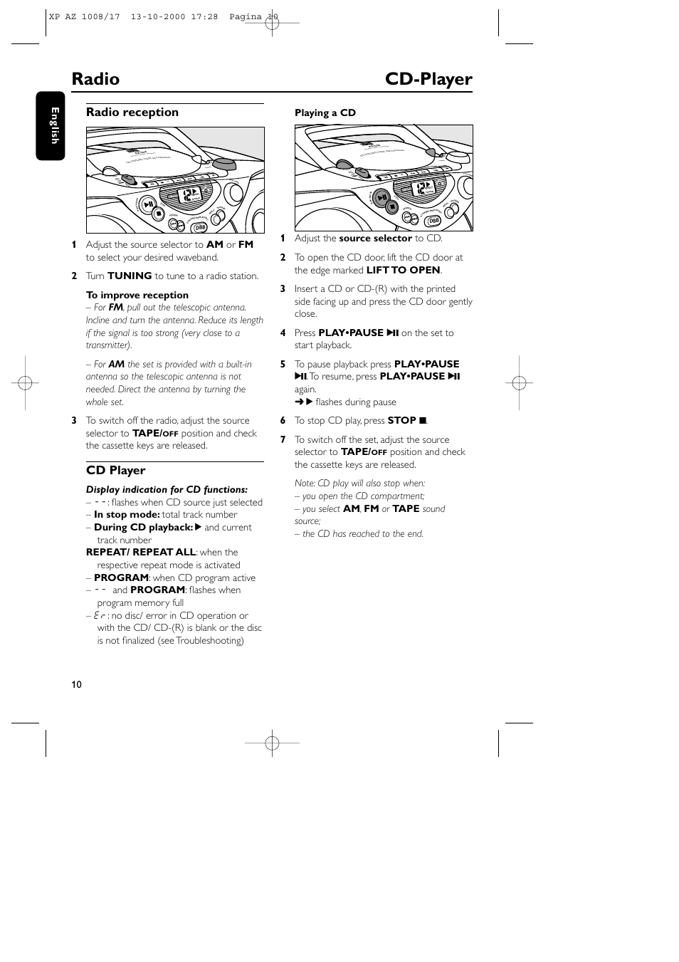 Radio cd-player, Radio reception, Cd player | Position and check the cassette keys are released, 10 english, Play stop • ope n paus e sear ch sear ch | Philips AZ1008 User Manual | Page 5 / 10