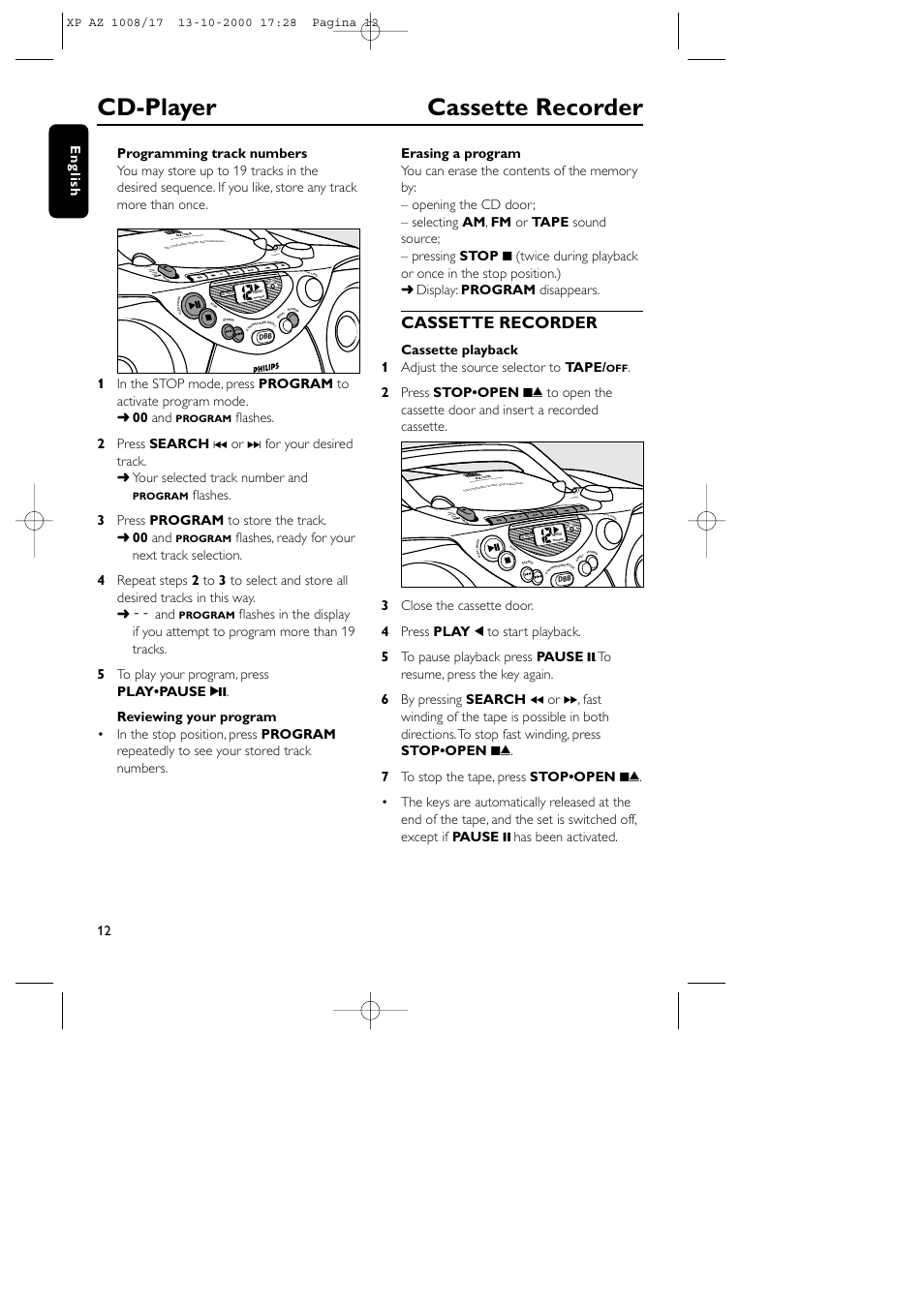 Cd-player cassette recorder, Cassette recorder, 12 english | Play stop • ope n paus e sear ch sear ch | Philips AZ1008 User Manual | Page 7 / 10