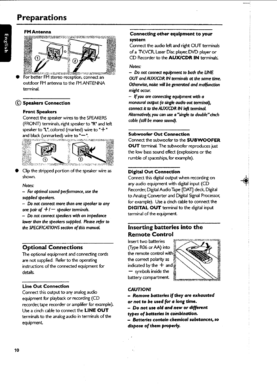 Preparations, Fm antenna, Speakers connection | Front speakers, Optional connections, Line out connection, Connecting other equipment to your system, Subwoofer out connection, Digital out connection, Inserting batteries into the remote control | Philips FWC87037 User Manual | Page 10 / 30
