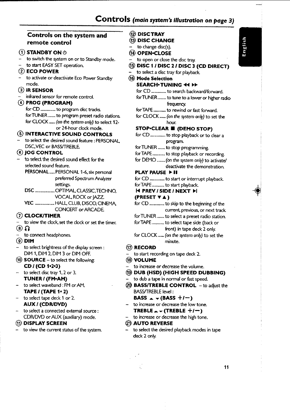 Controls on the system and ® disc tray, Standby on e ® open*close, Display screen @ auto reverse | Controls, Main system's illustration on page 3) | Philips FWC87037 User Manual | Page 11 / 30