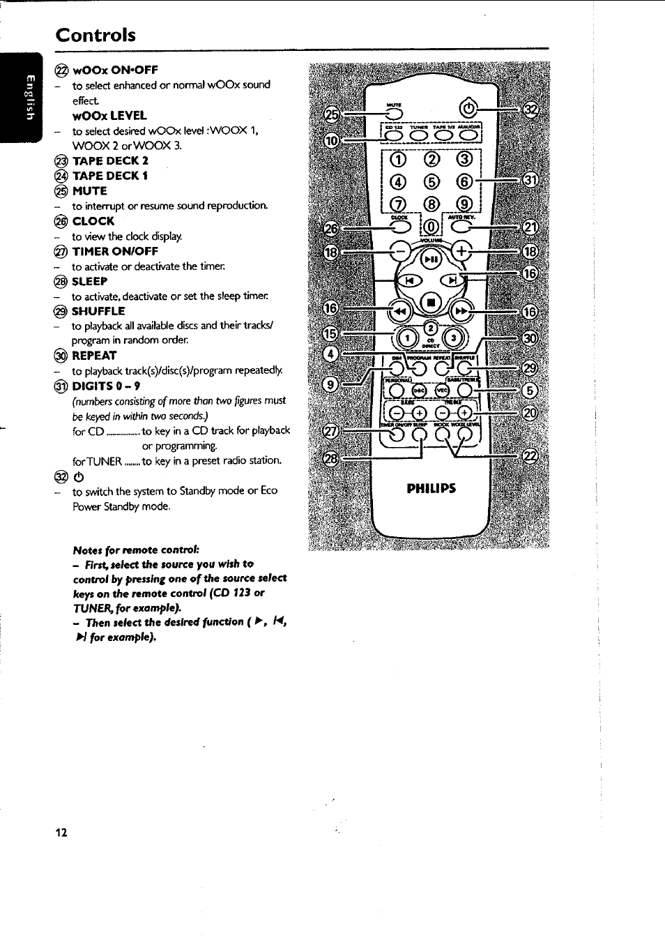 Controls, Woox level, Control | Philips FWC87037 User Manual | Page 12 / 30