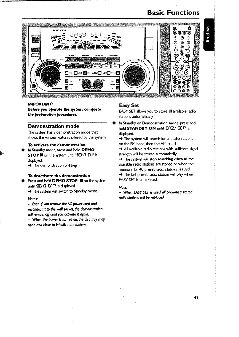 To activate the demonstration, To deactivate the demonstration, Easy set | Basic functions, Demonstration mode | Philips FWC87037 User Manual | Page 13 / 30