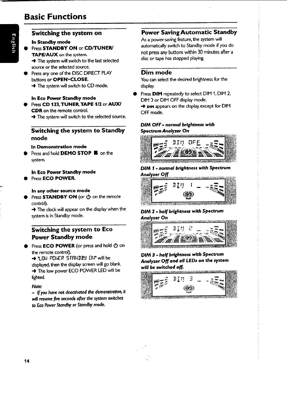 Switching the system on, In eco power standby mode, Switching the system to standby mode | In demonstration mode, In any other source mode, Switching the system to eco power standby mode, Power saving automatic standby, Dim mode, Demonstration mode, Basic functions | Philips FWC87037 User Manual | Page 14 / 30