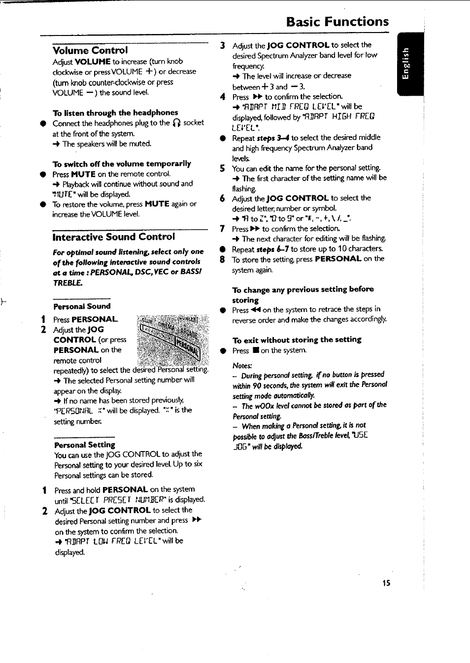To listen through the headphones, To switch off the volume temporarily, Interactive sound control | Personal setting, To change any previous setting before storing, To exit without storing the setting, Interactive sound control s-16, Basic functions, Volume control | Philips FWC87037 User Manual | Page 15 / 30
