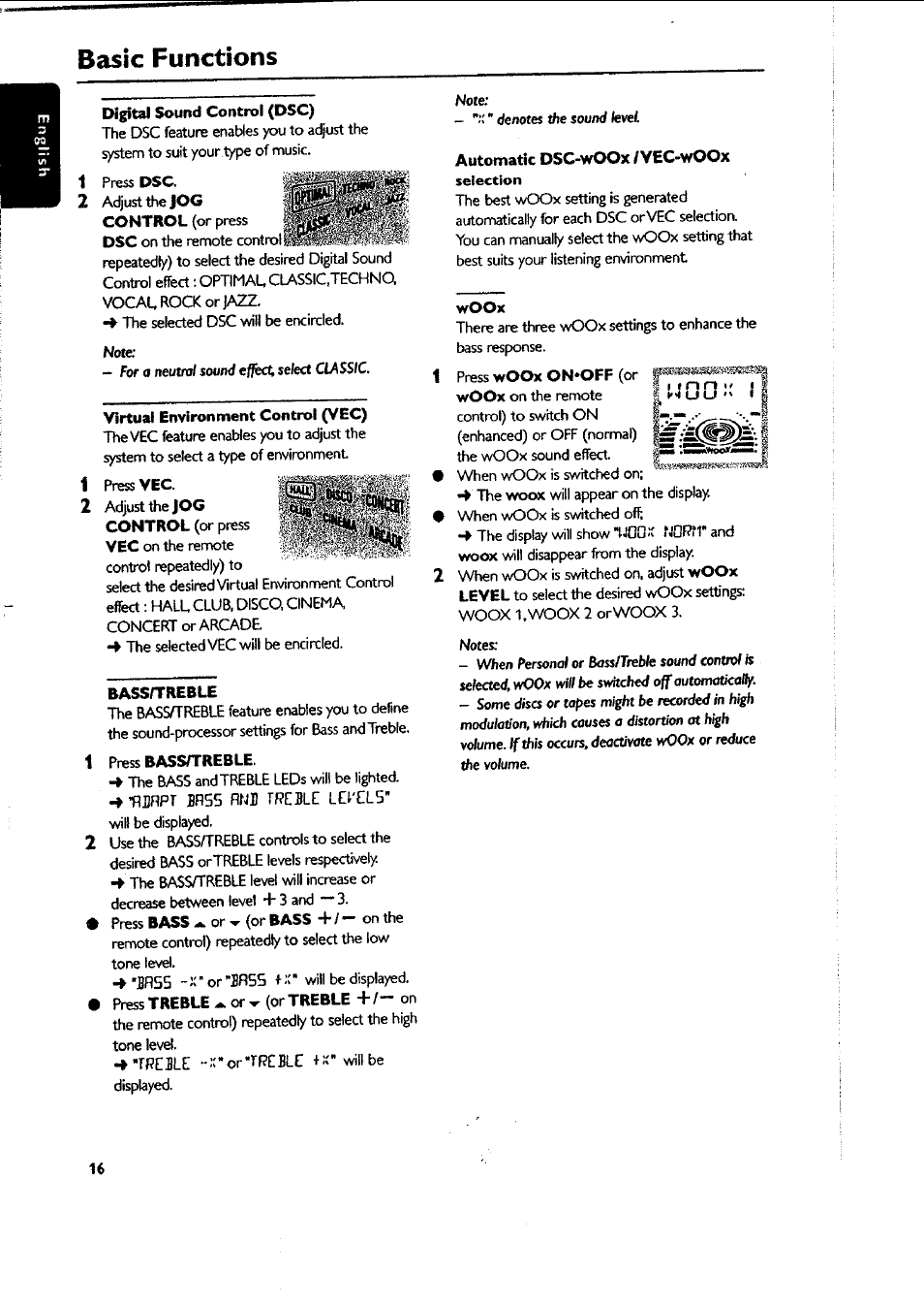 Digital sound control (dsc), Virtual environment control (vec), Bassftreble | Press bass/treble, Automatic dsc-woox /vec-woox, Woox, Basic functions | Philips FWC87037 User Manual | Page 16 / 30