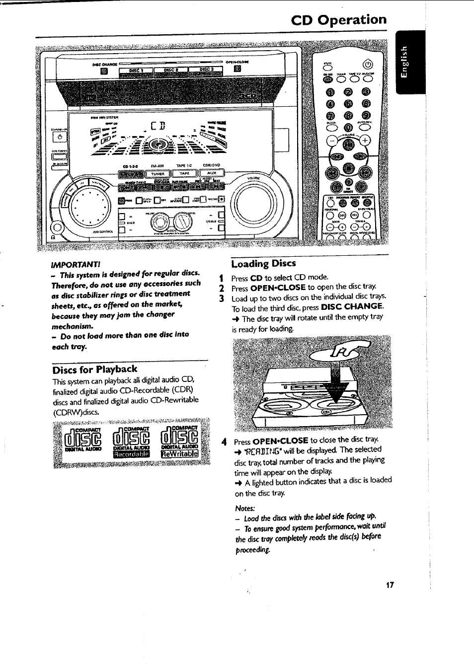 Discs for playback, Loading discs, Disc for playback | I@® tel, Cd operation | Philips FWC87037 User Manual | Page 17 / 30