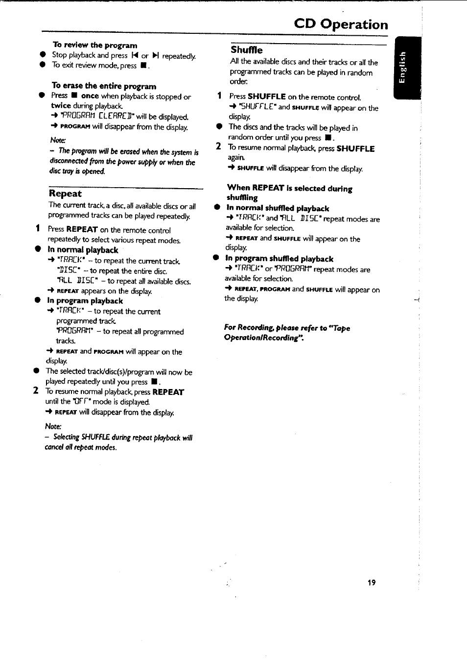 To review the program, Repeat, In normal playback | Shuffle, When repeat is selected during shuffling, Cd operation | Philips FWC87037 User Manual | Page 19 / 30