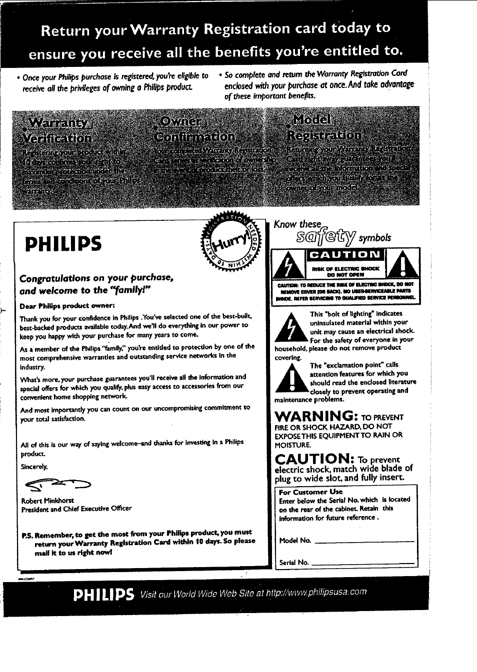 Warning: to prevent, Caution: to prevent, Philips | Model, Caution | Philips FWC87037 User Manual | Page 2 / 30