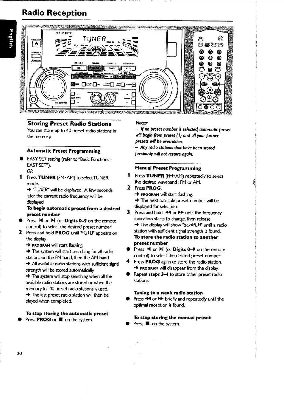 Storing preset radio stations, Automatic preset programming, To stop storing the automatic preset | Radio reception | Philips FWC87037 User Manual | Page 20 / 30