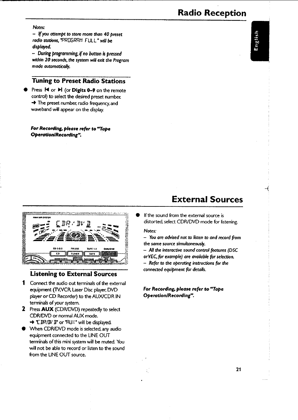 Tuning to preset radio stations, Listening to externai sources, Radío reception | External sources | Philips FWC87037 User Manual | Page 21 / 30
