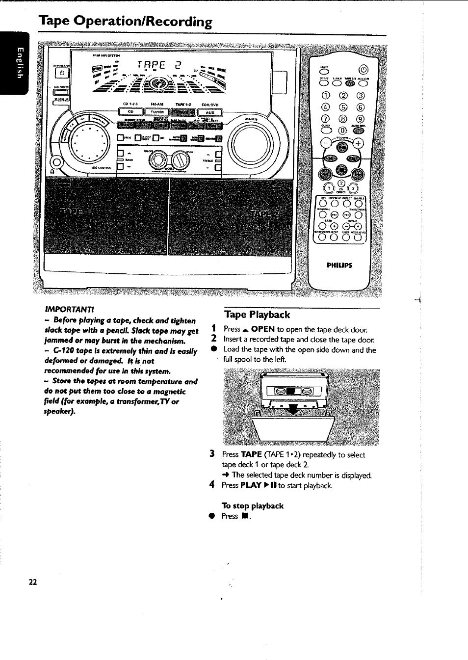 Tape playback, Tape playback -23, A . j | Tape operation/recording | Philips FWC87037 User Manual | Page 22 / 30